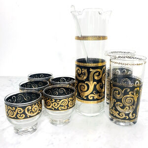 CULVER Baroque Set (8) Black Gold Pitcher w Stir 5 Footed Glasses 2 Tumbler GUC